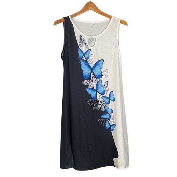 Sleeveless Black White Blue Butterfly Dress Rayon Blend, size Medium - Picture 5 of 13